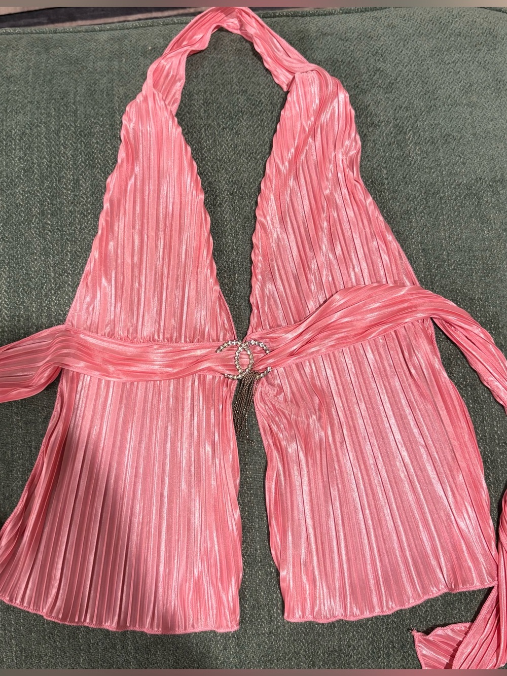 VTG 90s Charming USA Hot Pink Plisse Pleated Halter Neck Plunge Top